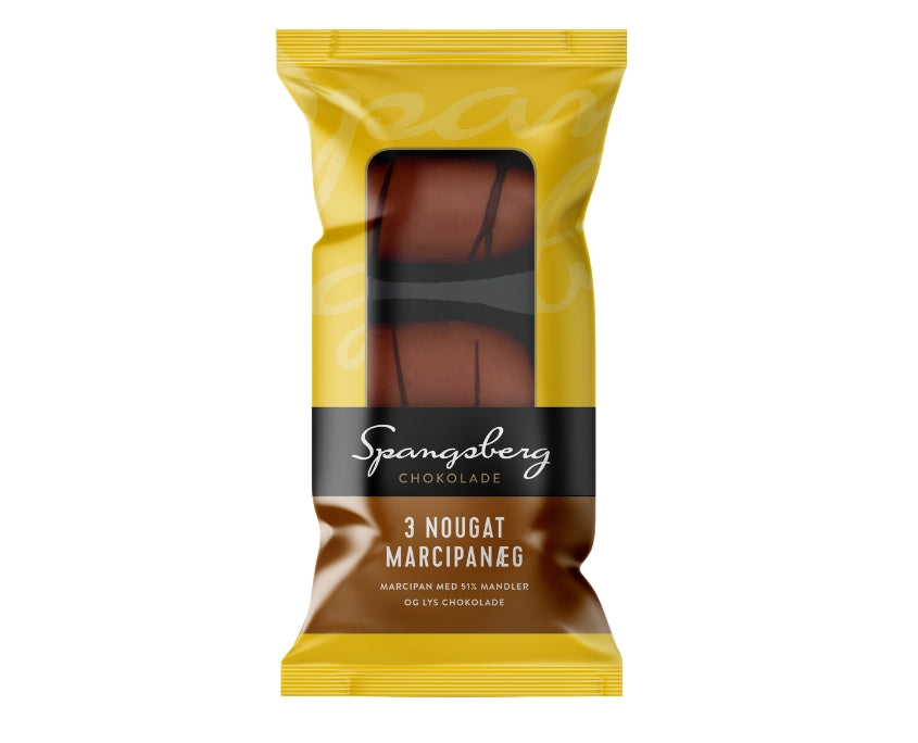 Spangsberg - Marcipanæg 3pk. - marzipan / chocolate / nougat 51 % almonds Best before date 30th November 2025