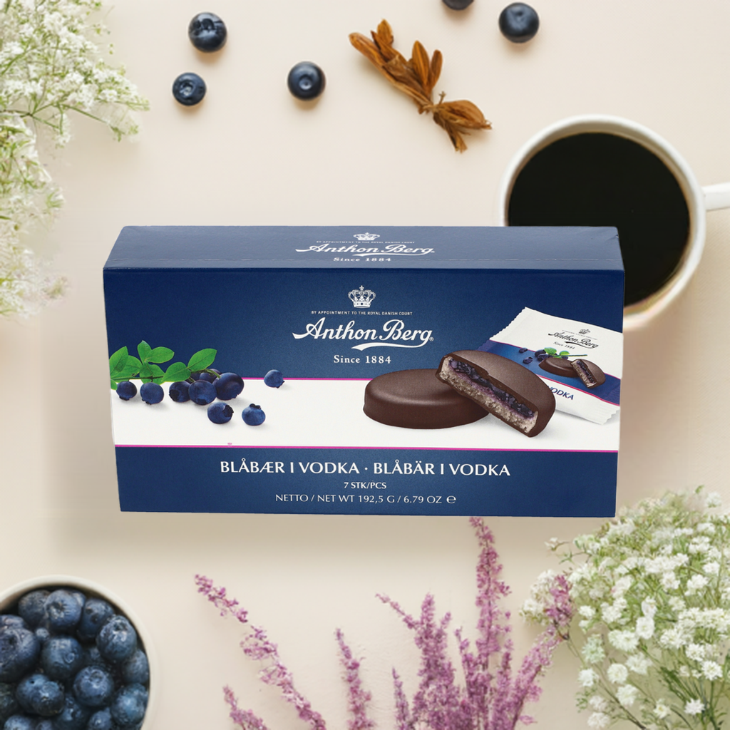 Anthon Berg - Blåbær i Vodka - Dark Chocolate with Marzipan Blueberries and Vodka