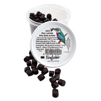 Kingfisher - De små sorte - Ren Lakrids 100 %. Ikke tilsat sukker - 100 % pure liquorice. No added sugar