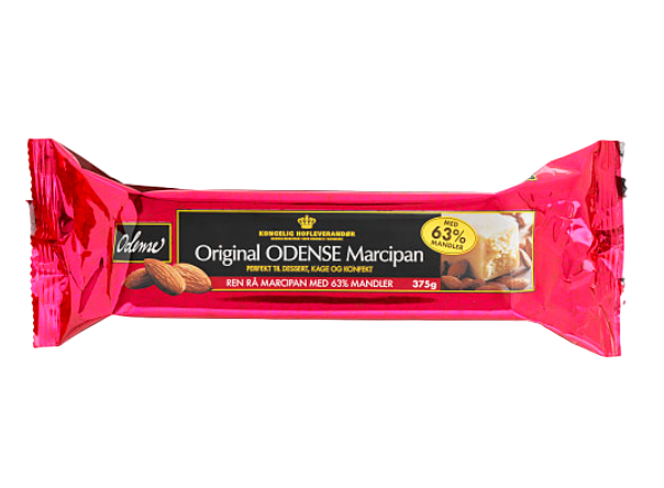 Packaging of Odense Marcipan showing the product name and weight, with a red background and images of almonds and marzipan.