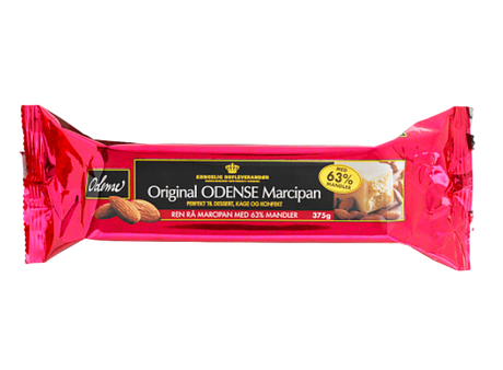 Packaging of Odense Marcipan showing the product name and weight, with a red background and images of almonds and marzipan.
