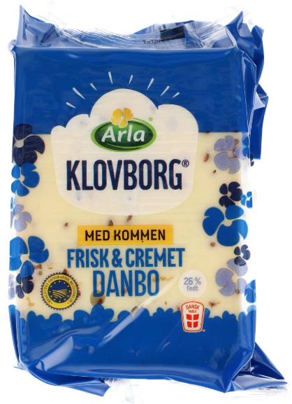 Arla - Klovborg Danbo skæreost mellemlagret m. kommen 45+ Best before date 11th June 2026