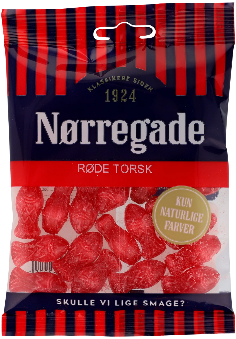 Nørregade - Røde Torsk - Nørregades "Røde Fisk" - hard boiled candy with strawberry and salmiac taste Best before date 31st March 2025