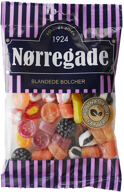 Nørregade - Blandede Bolcher - mix of liquorice and fruit taste Best before date 28th February 2026